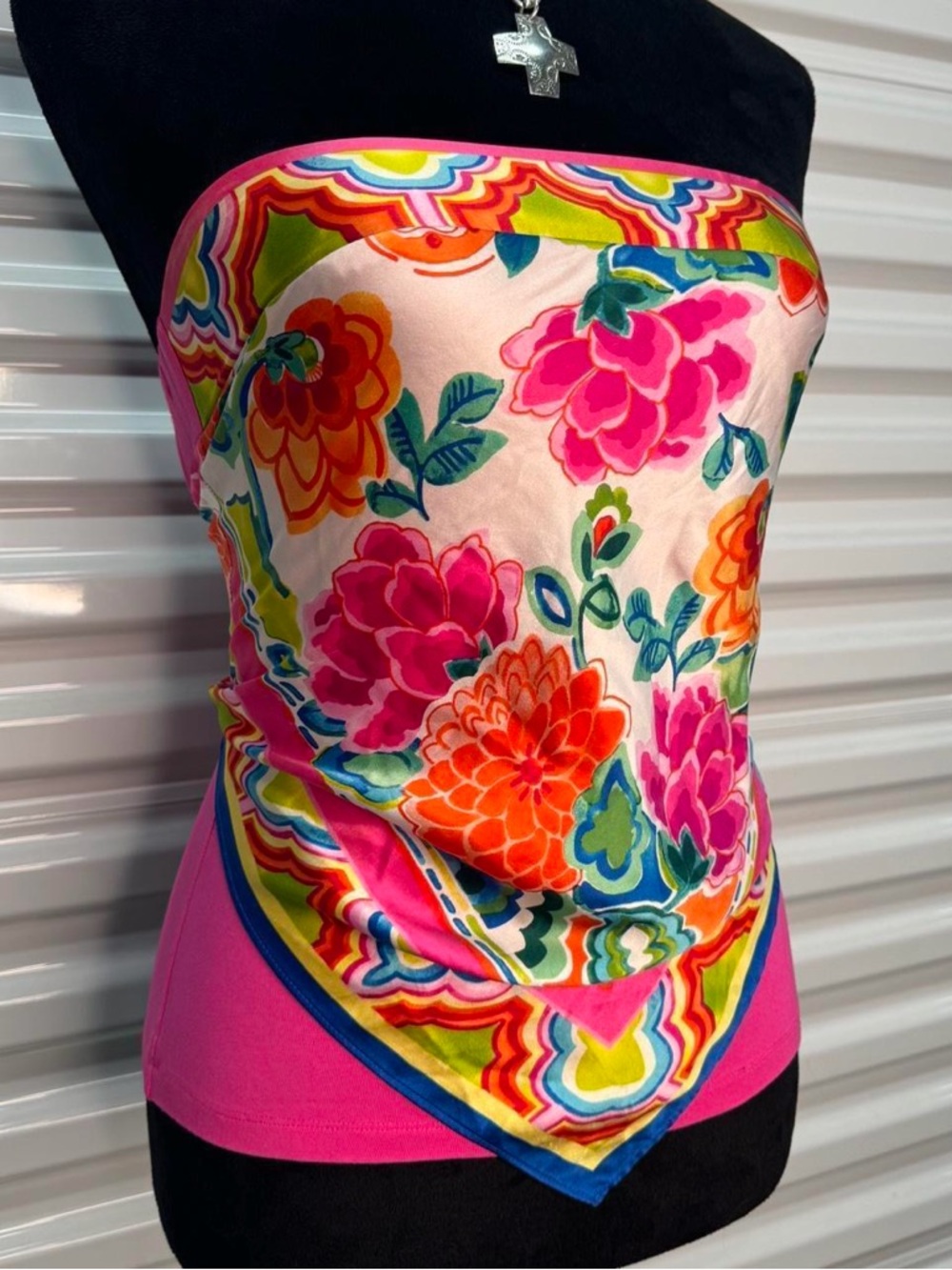 Vibrant Floral Silk Scarf Top - Pink Multicolor - Picture 2 of 6
